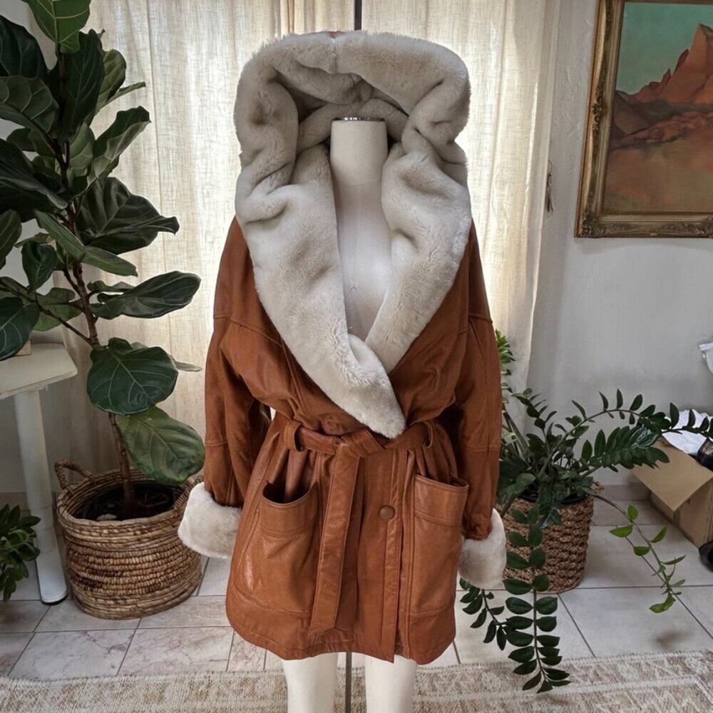 Wilsons Leather Brown Leather Coat with Cream Shearling Hood
